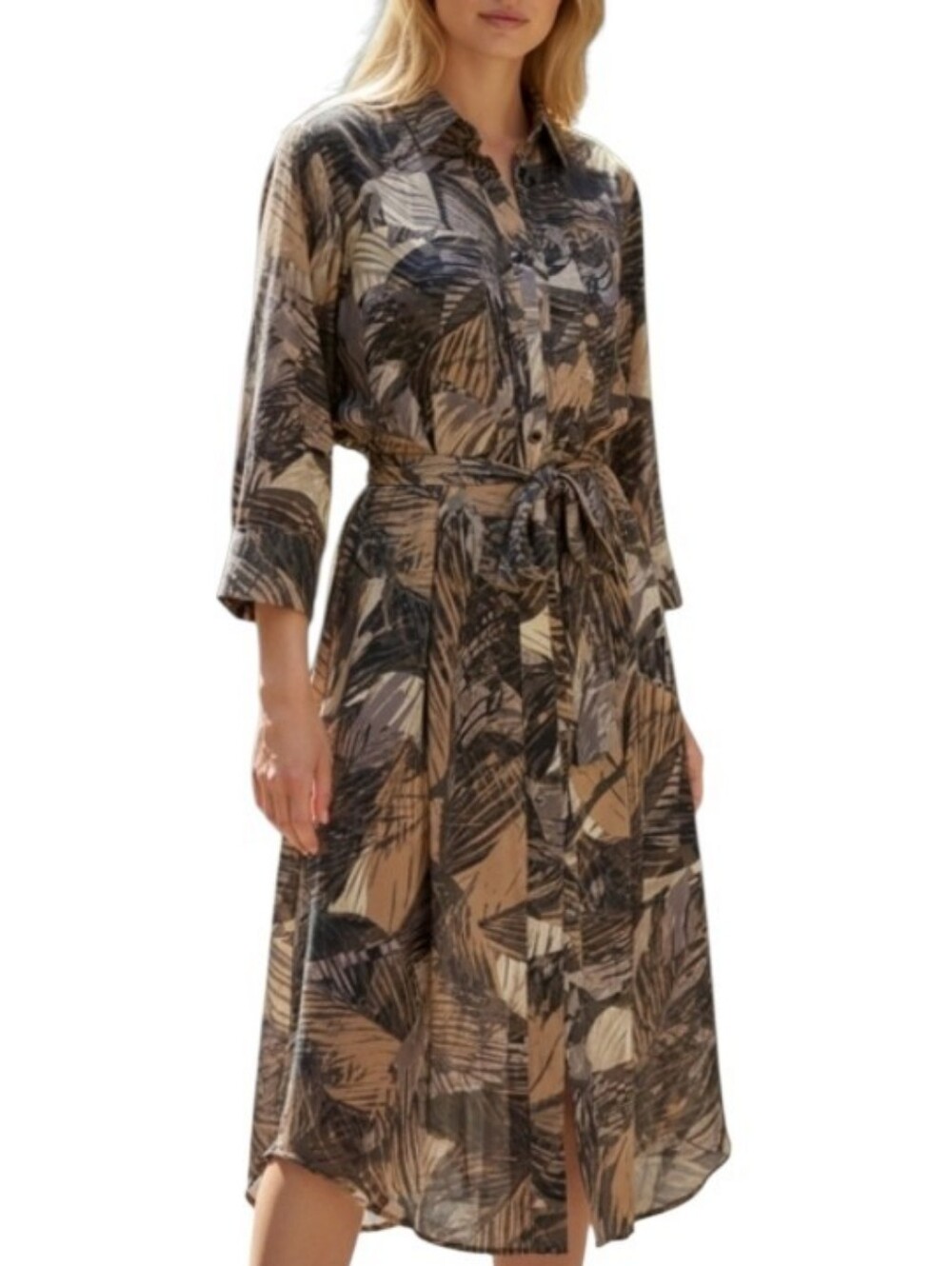 L'AGENCE Abstract Print Long Sleeve Belted Silk Shirt Dress in Tan, Black, Cream